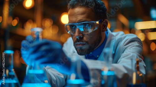 Researcher in a lab coat analyzing substances in a chemistry laboratory with ambient blue lighting