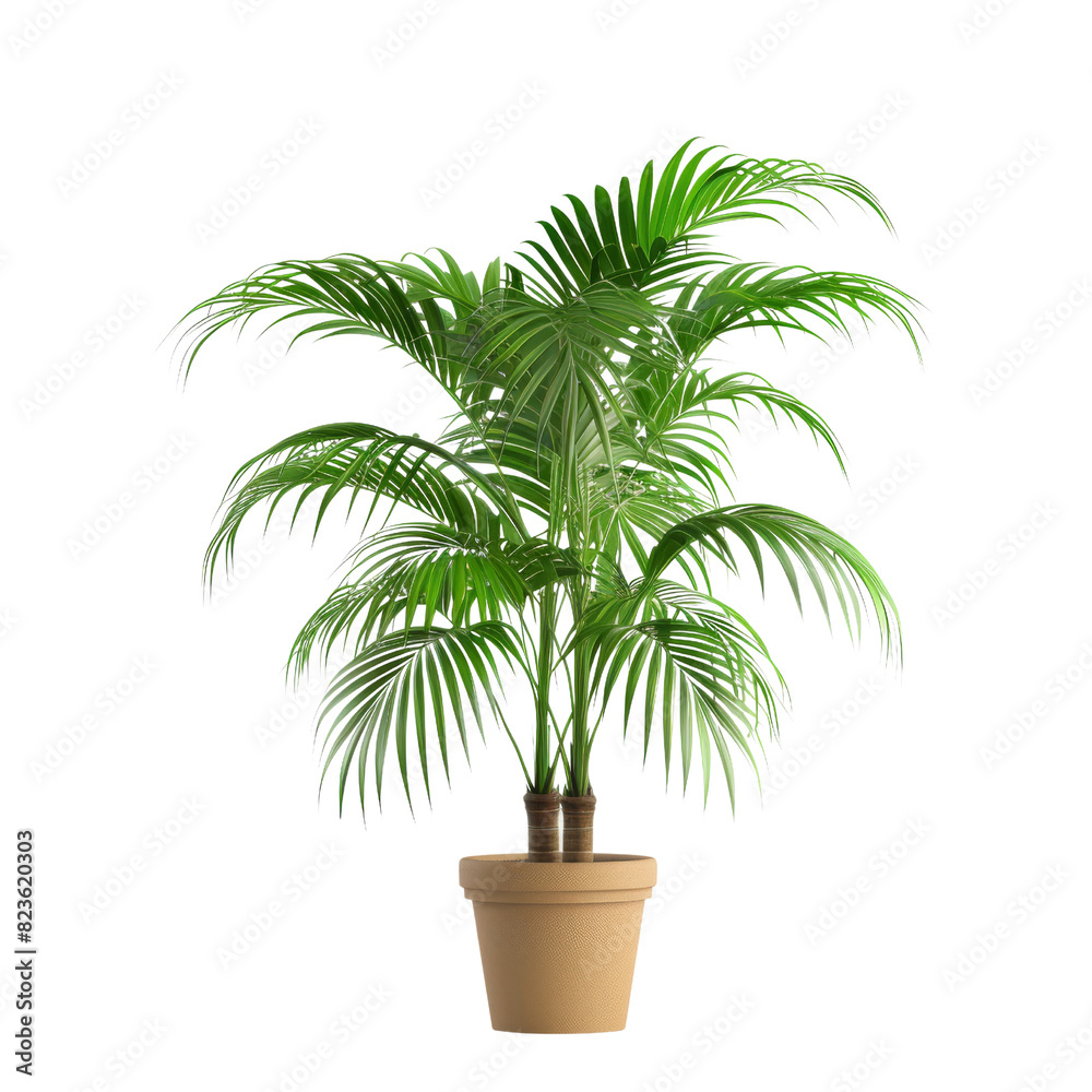 A vibrant areca palm with lush green fronds, planted in a simple clay pot, isolated on a transparent background A vibrant areca palm with lush green fronds, planted in a simple clay pot, isolated on a transparent background