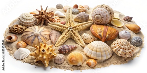Seashells, fossil coral, sand dollars, puka shells, sea urchin, starfish and sand on white background photo