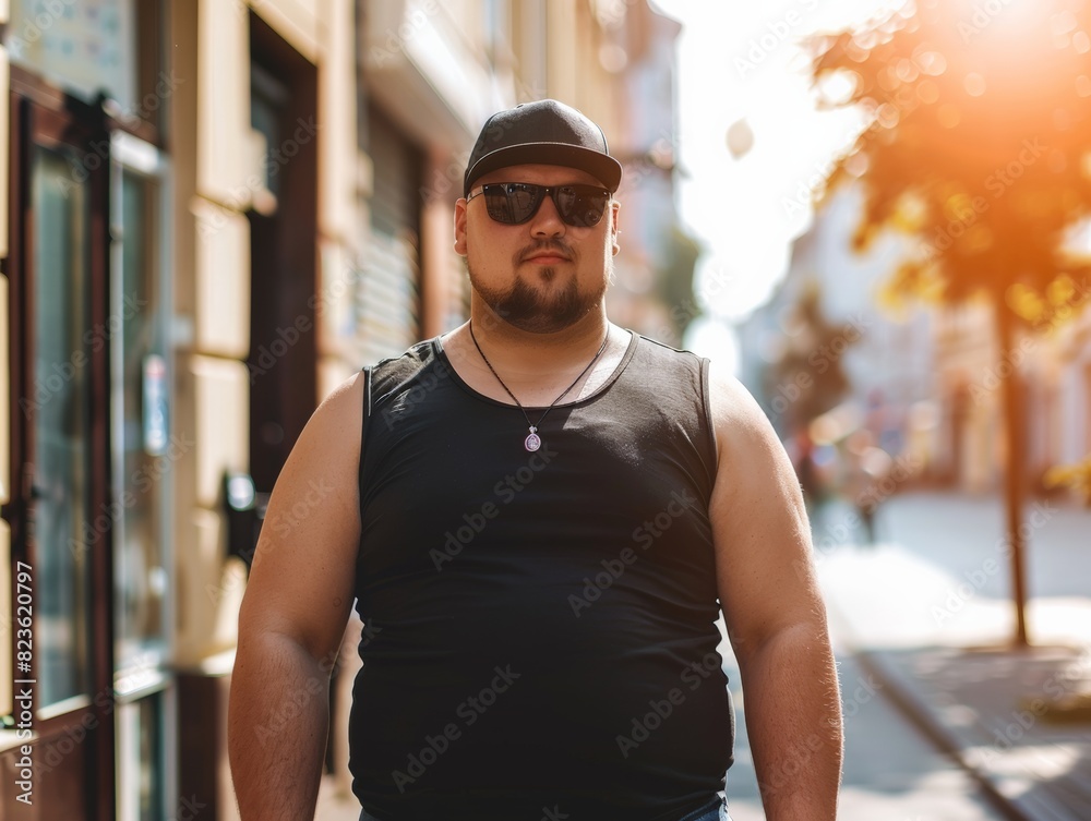 Plus size man wearing blank empty black tank top mockup for design template in the city street Plus size man wearing blank empty black tank top mockup for design template in the city street