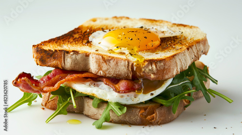 Breakfast Sandwich with Runny Egg, Bacon, and Arugula