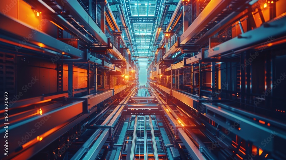 AI technology in industrial storage close up, automated organization, surreal, composite, hightech environment AI technology in industrial storage close up, automated organization, surreal, composite, hightech environment