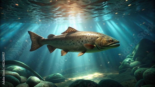 Single brown trout (Salmo trutta fario) swimming in circles in large aquarium
