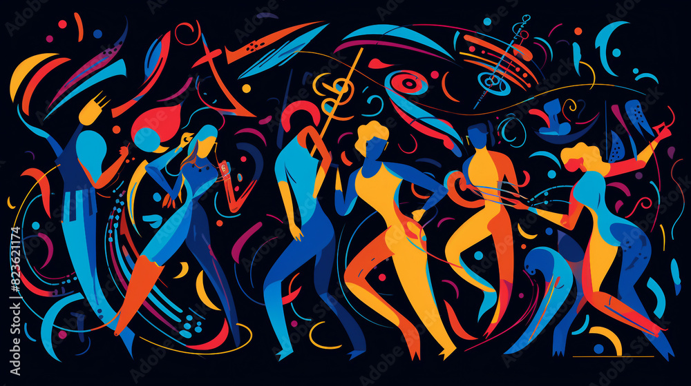 Energetic Abstract Dance Party with Diverse Figurines and Vibrant Background