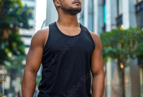 Young man wearing blank empty black tank top mockup for design template in the city street