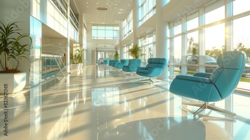 Spacious and Airy Office Lobby with Stylish Blue Chairs and Large Windows