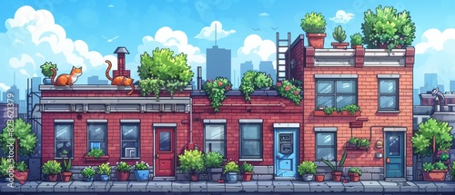 2D outline vector platform game. In modern city street scene above building windows and balconies. Cat jumps and plays to climb up the building.