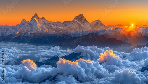 Majestic mountain range with stunning peaks emerging under the radiant sun during the break of dawn #823621394
