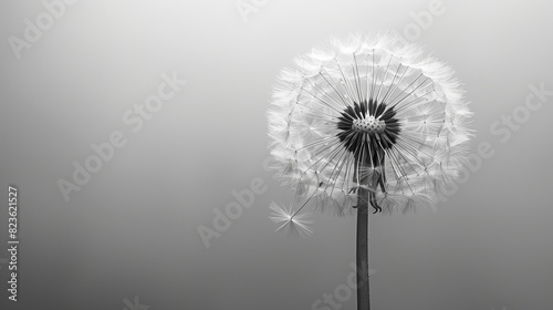 Minimalist dandelion drawing in black and white with thin lines and delicate seed details