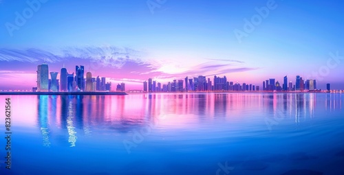 A panoramic view of the modern skyline and seafront at dusk, with city lights reflecting on calm waters © Chand Abdurrafy