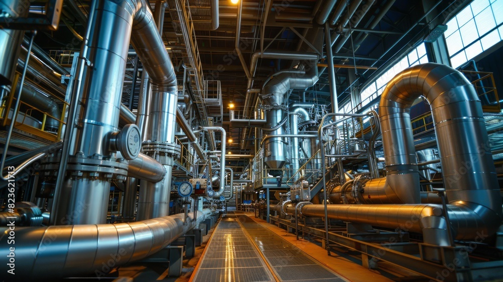 Industrial plant interior with shiny metal pipes and advanced equipment.