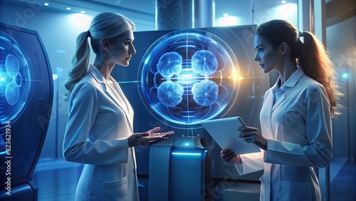 Two female researchers discussing MRI scans and discussing new medical technologies for brain damage treatment in a high-tech medical research center