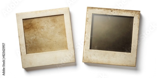 Two old instant photo frames on a white background with shadows