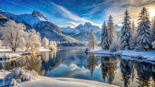 Winter landscape with snow-covered trees, frozen lake and mountains photo