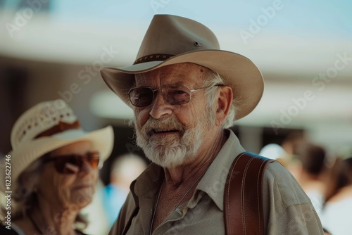 Portrait of an old man with a gray beard wearing a cowboy hat and sunglasses