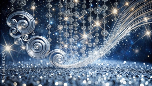 A cascade of silver glitter swirls and spirals flow downwards, resembling a sparkling waterfall photo