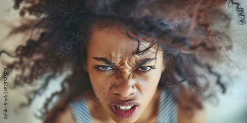 An upset young African American woman with messy hair yelling at camera. Concept Emotional Portrait, Upset Expression, Messy Hair, African American Woman, Yelling Gesture photo