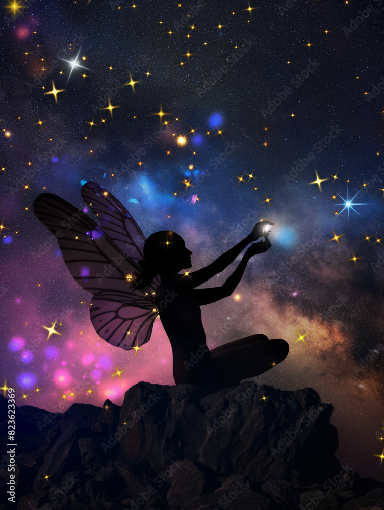 Naklejka premium A Fairy collecting stars in the night Sky. Design of children's books