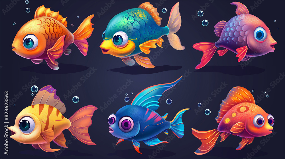 Fototapeta premium Asset of fish with cartoon style on dark background, Illustration.