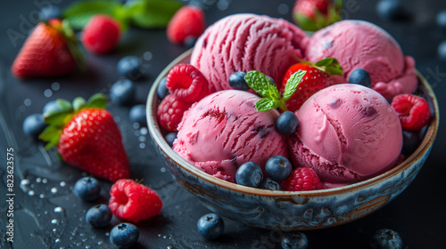 Ice Cream Scoops with Fruits - Ice cream scoops arranged in a bowl, surrounded by fresh fruits like strawberries, raspberries, and blueberries