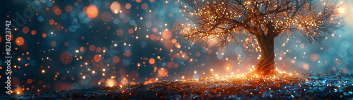 Magical tree illuminating a mysterious forest at night with glowing orbs and a dreamy, fantasy atmosphere. photo