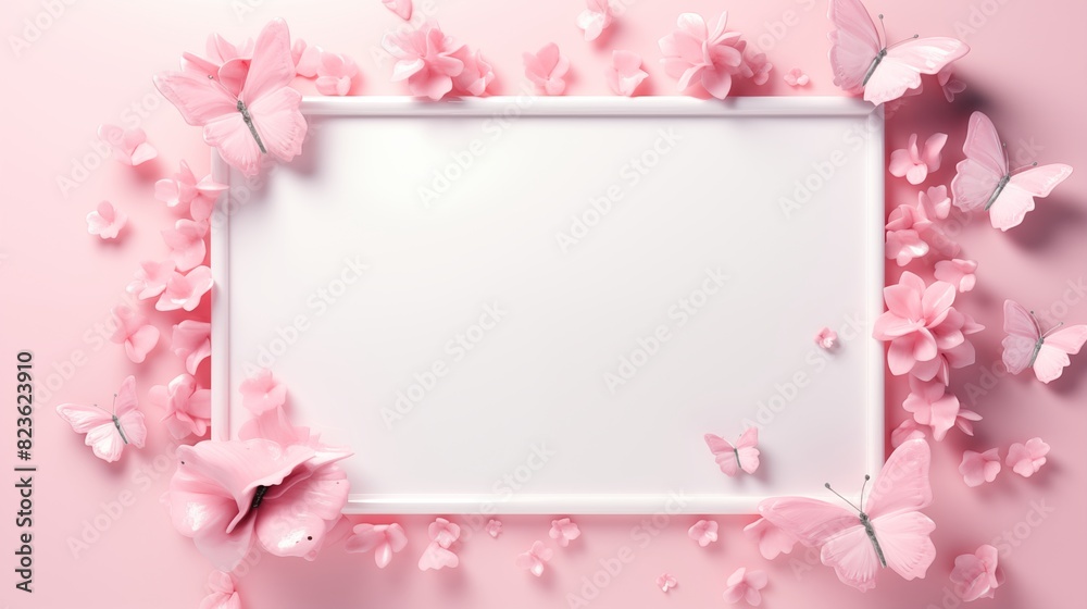 Elegant Pink Butterfly and Floral Frame with Empty Center Space Elegant Pink Butterfly and Floral Frame with Empty Center Space