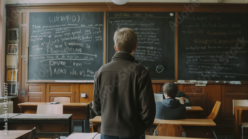 A teacher or professor is teaching in front of a chalkboard in classroom.