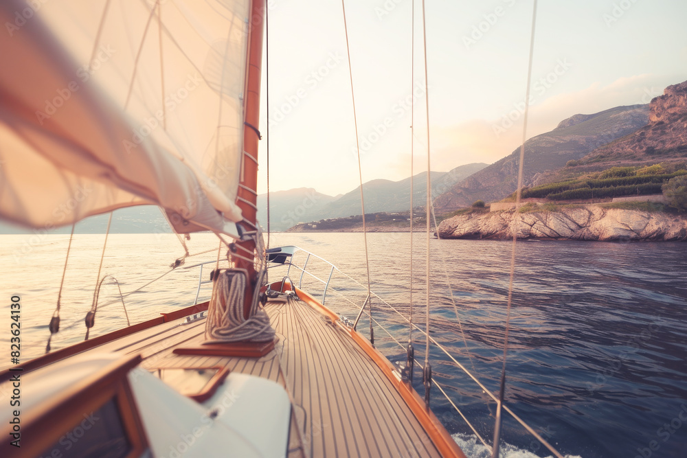 Obraz premium Sailing boat cruising near rocky coastline during sunset. Serene ocean and distant mountains create tranquil atmosphere