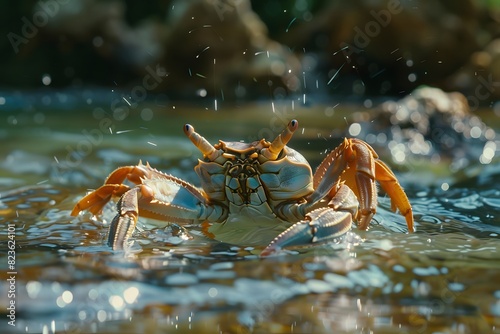 a crab swimming in a deep river