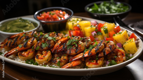Grilled Shrimp Skewers with Pineapple Salsa on Blurry Background