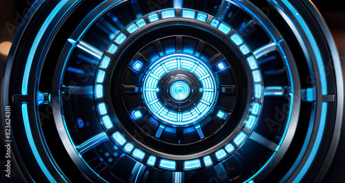Close-up view of a blue glowing sci-fi arc reactor - Generative AI