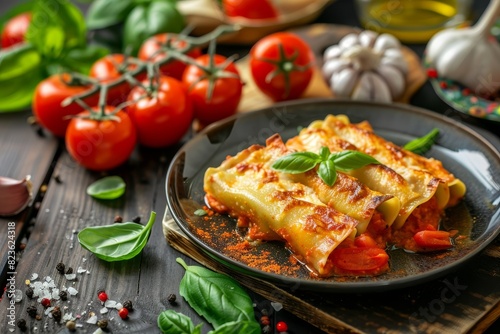 Rustic Plated Cannelloni Surrounded by Fresh Ingredients photo