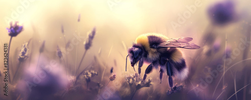 Close-up of bumblebee collecting nectar from flowers in a field. Soft focus and warm light create a dreamy and peaceful scene