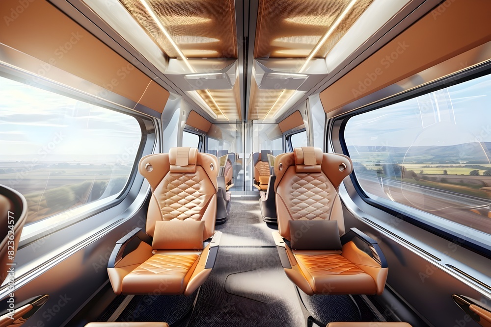 Elegant High Speed Train Cabin with Panoramic Countryside Views and Ergonomic Leather Seating Elegant High Speed Train Cabin with Panoramic Countryside Views and Ergonomic Leather Seating
