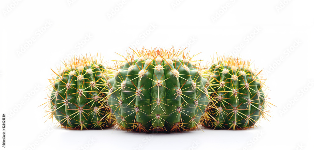 Three round cacti with sharp yellow spines on white background. Green cacti stand out against clean, minimalistic backdrop Three round cacti with sharp yellow spines on white background. Green cacti stand out against clean, minimalistic backdrop