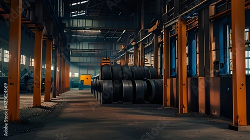 Interior of a steel mill; metal produced and kept in a metallurgical plant warehouse. View from within the dimly lit iron casting plant storage area. Theme: manufacturing, technology, and industry