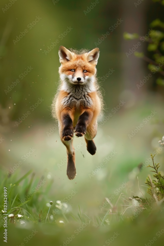 Obraz premium A small red fox is captured mid-air as it jumps playfully in a meadow. The foxs bright red fur contrasts against the green grass, showcasing its agility and grace