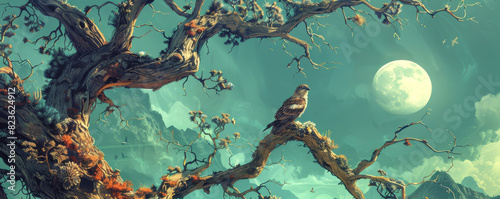 Hawk perched on twisted tree branch under full moon. Surreal landscape with eerie lighting creates a mystical atmosphere