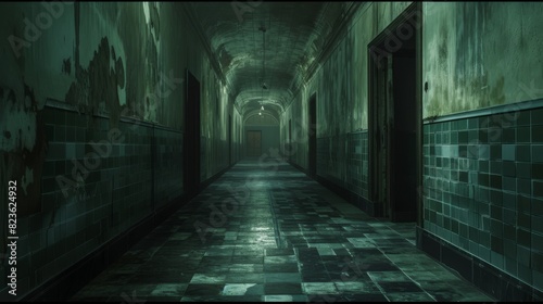 Long  dark  and creepy hospital corridor lit by an eerie green light  evoking a sense of suspense and unease.