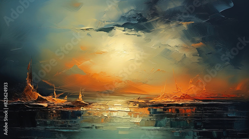 An Minimalistic Oil Painting on Canvas with a Brown and Orange Background In The Style of Dark Sky-Blue and Light Aquamarine Landscape photo