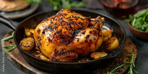 Deliciously golden roast chicken sizzling on a hot pan irresistibly mouthwatering. Concept Roast Chicken Recipe, Cooking Tips, Food Photography, Flavorful Seasonings, Kitchen Inspiration photo
