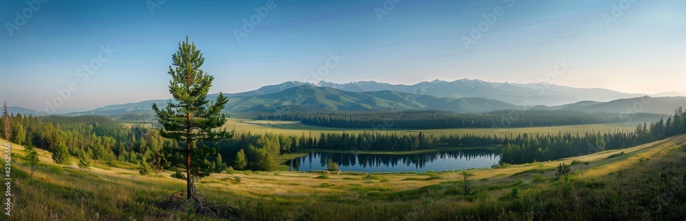 A panoramic view of the mountains and forest around Lake A panoramic view of the mountains and forest around Lake