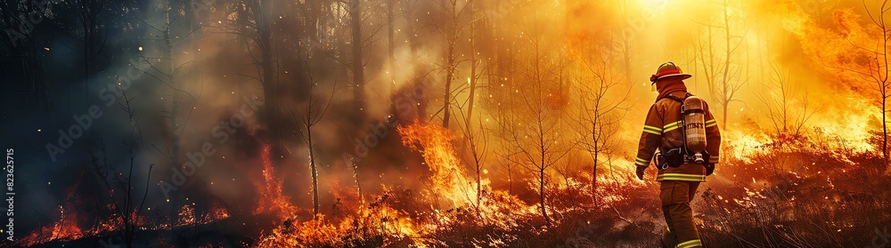 Firefighter battling a forest fire, with flames in the background, a ...