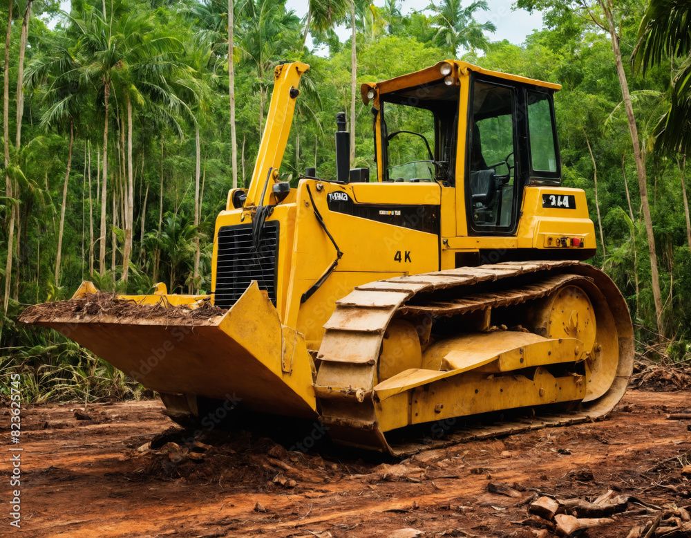 Yellow Bulldozer Clearing Land in Tropical Forest Yellow Bulldozer Clearing Land in Tropical Forest