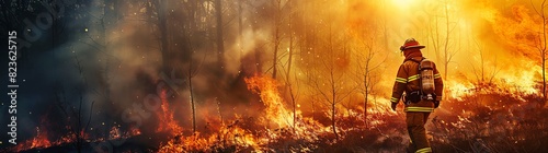 Firefighter battling a forest fire, with flames in the background, a banner with space on the right side for text or design, a fire fighter concept photo, with a wide angle shot, bright colors, and su