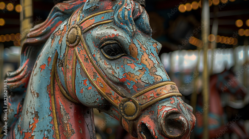Fototapeta premium Details of Broken Carousel Horses - Close-up of the details of broken wooden carousel horses, showing cracks and peeling paint
