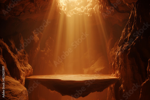 Product display on desert cave background. Podium showcase in sand rock cave. Empty space photo
