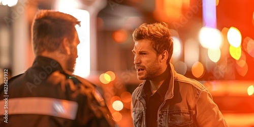 A drunk man argues with a bouncer outside a nightclub. Concept Conflict Resolution, Nightlife, Alcohol Influence, Social Behavior, Security Intervention