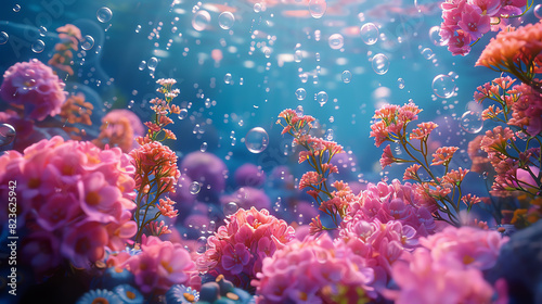 An ethereal dreamscape where delicate pink flowers sway gently in the current, surrounded by shimmering bubbles