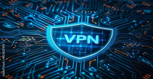 A digital illustration of a shield with the digital word VPN